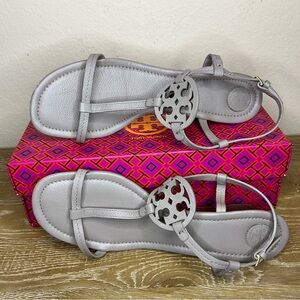 Tory Burch Miller 60 MM Gray Leather with Brown Wedge Sandal Size 10